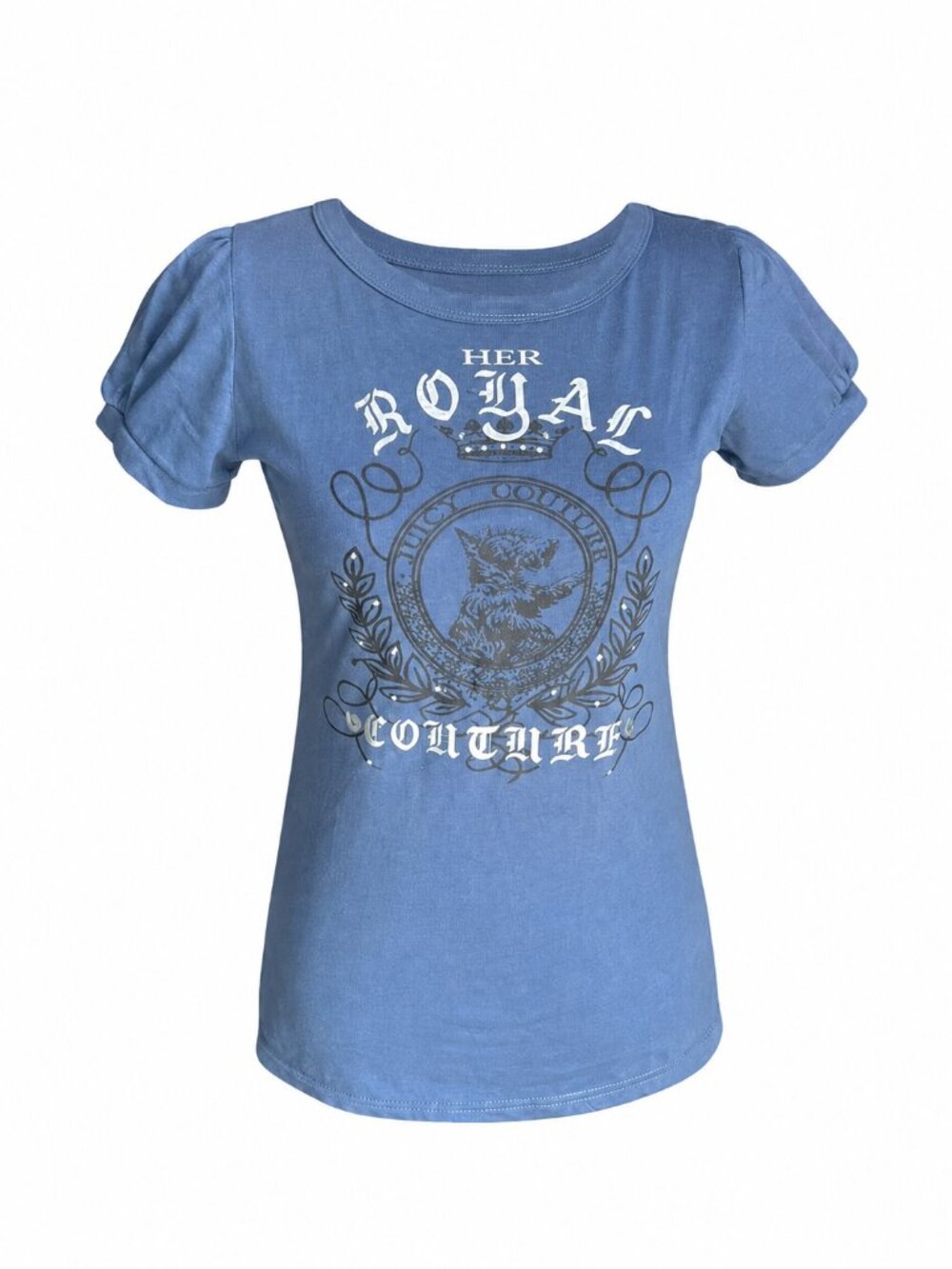 Juicy Couture blue baby tee with white 'ROYAL COUTURE' graphic and crest design